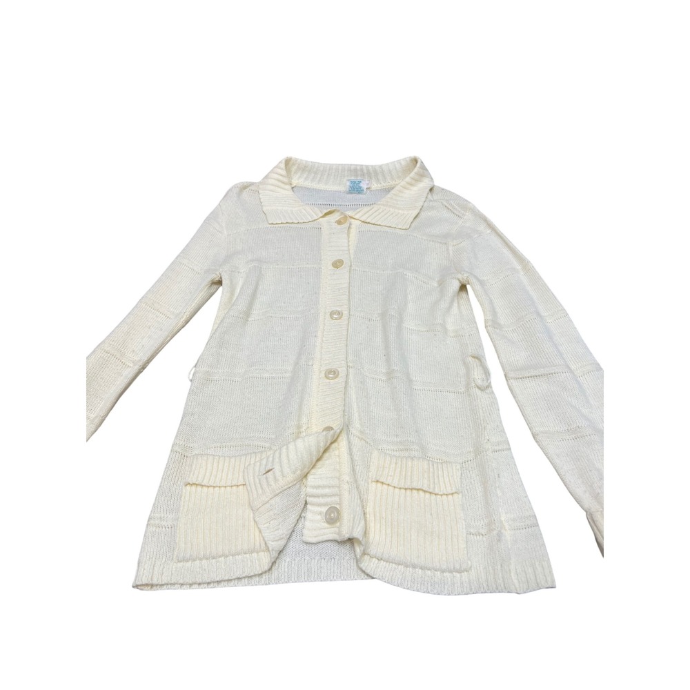 Vintage Helen Sue Cream Knit Cardigan Sweater Button Front Collar Pockets Medium